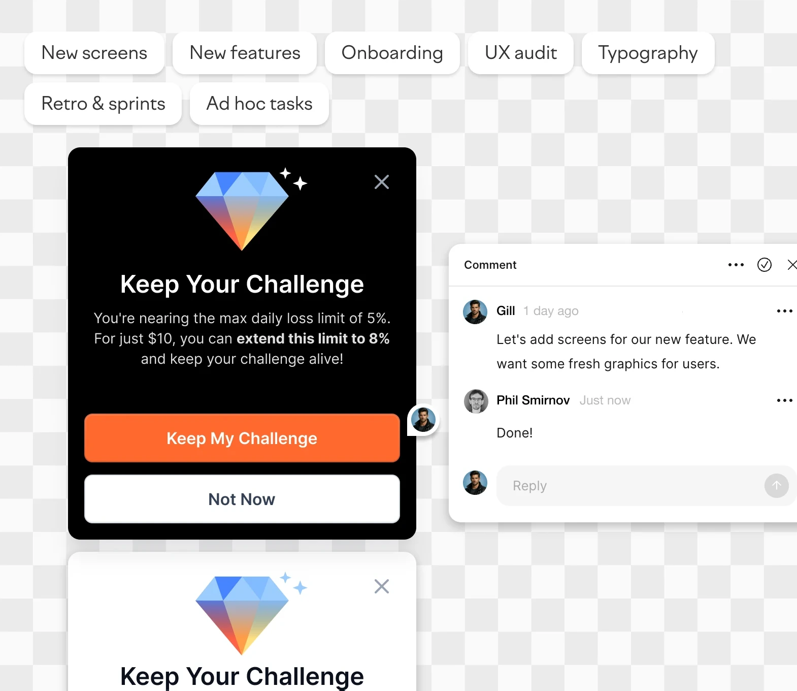 Design support: in-product modal and a design feedback thread